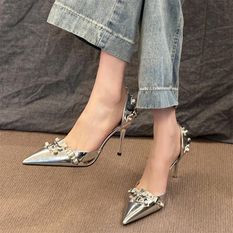 Модные сексуальные босоножки с острым носком, женские летние босоножки на тонком каблуке, женские модные новые туфли-лодочки с металлической пряжкой для вечернего платья, черные