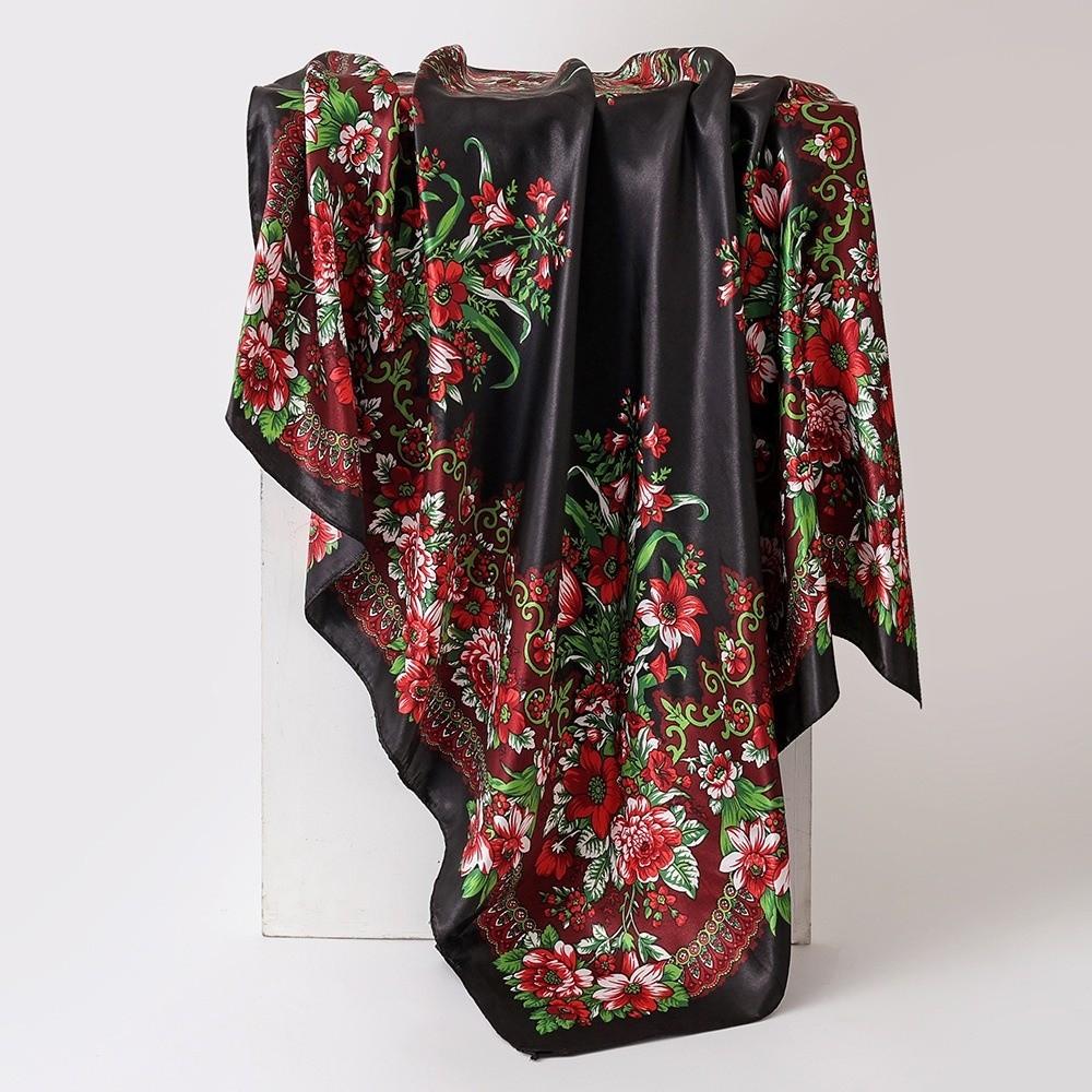 Luxury Floral Print Floral Print Scarf 90x90cm Satin Scarf Versatile Head Wrap Shawl For Women