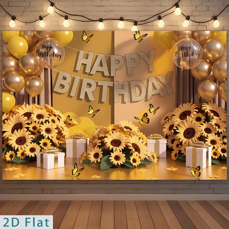2D Birthday Photography Backdrop Yellow Background with Sunflowers, Butterflies and Balloons
