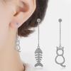 925 Sterling Silver Cute Asymmetric Mosaic Zirconia Cat Fish Long Tassel Earrings for Women Statement Jewelry S-E390