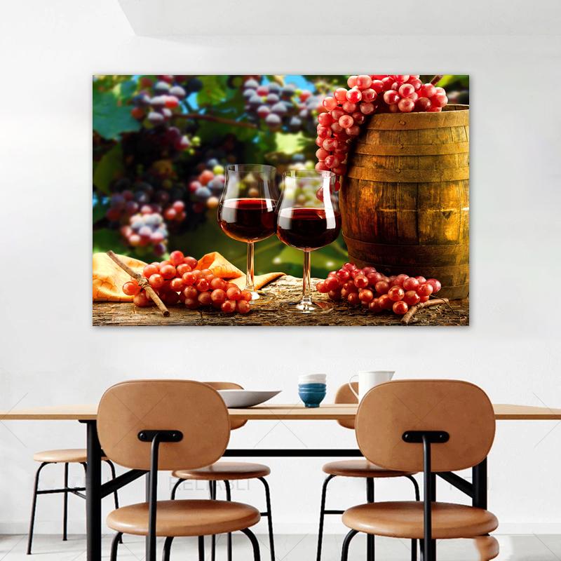 Плакаты и принты в виде стеклянных бутылок вина, картина на холсте, настенные художественные картины для столовой, домашний декор, деревянная бочка с виноградом, куадрос