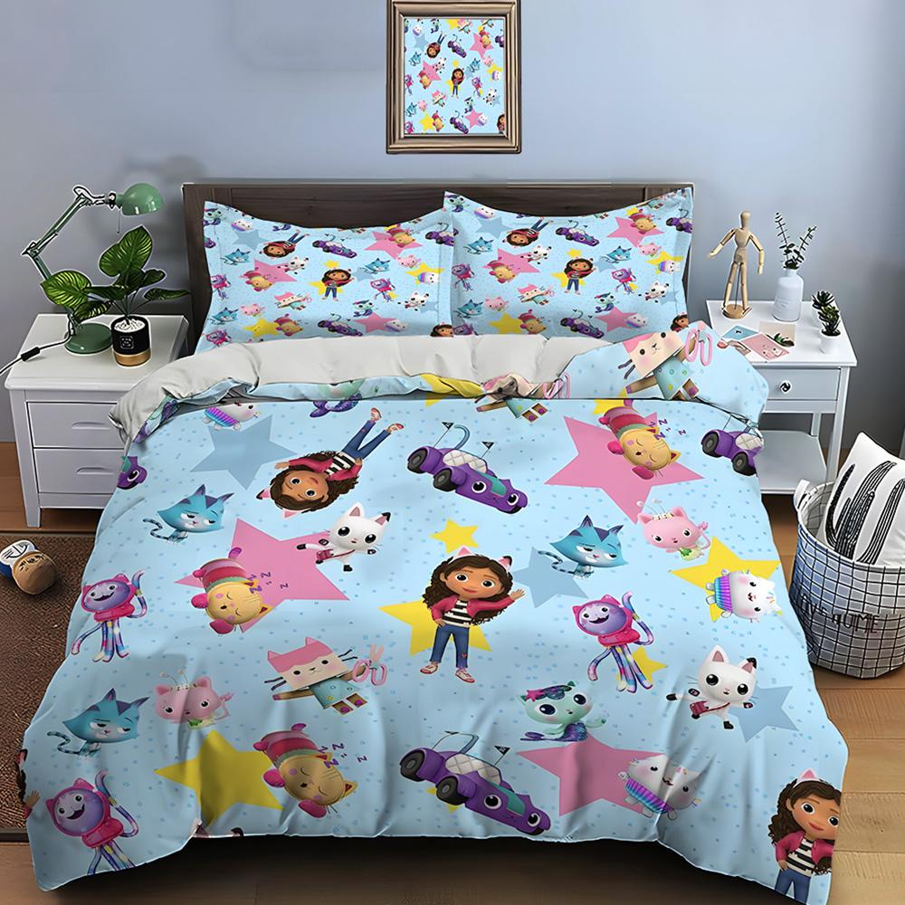 3pcs Multiple Sizes Cute G-Gabbys Cartoon Print Bedding Set 1 Duvet Cover 2 Pillowcases Adult and Kids Bedding Set Luxury Gifts