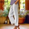 Women Summer White Cotton Linen Pocket Trousers Vintage Casual Elastic Waist Straight Pants