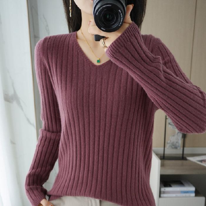 DAFIFY Женская мода повседневная осень-зима однотонный принт длинный рукав V-образный вырез свитера