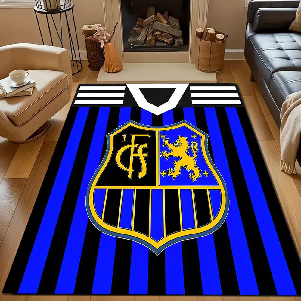Blue and Black Striped Crest Design Patterned carpet, non slip mat suitable for living room and bedroom sofas