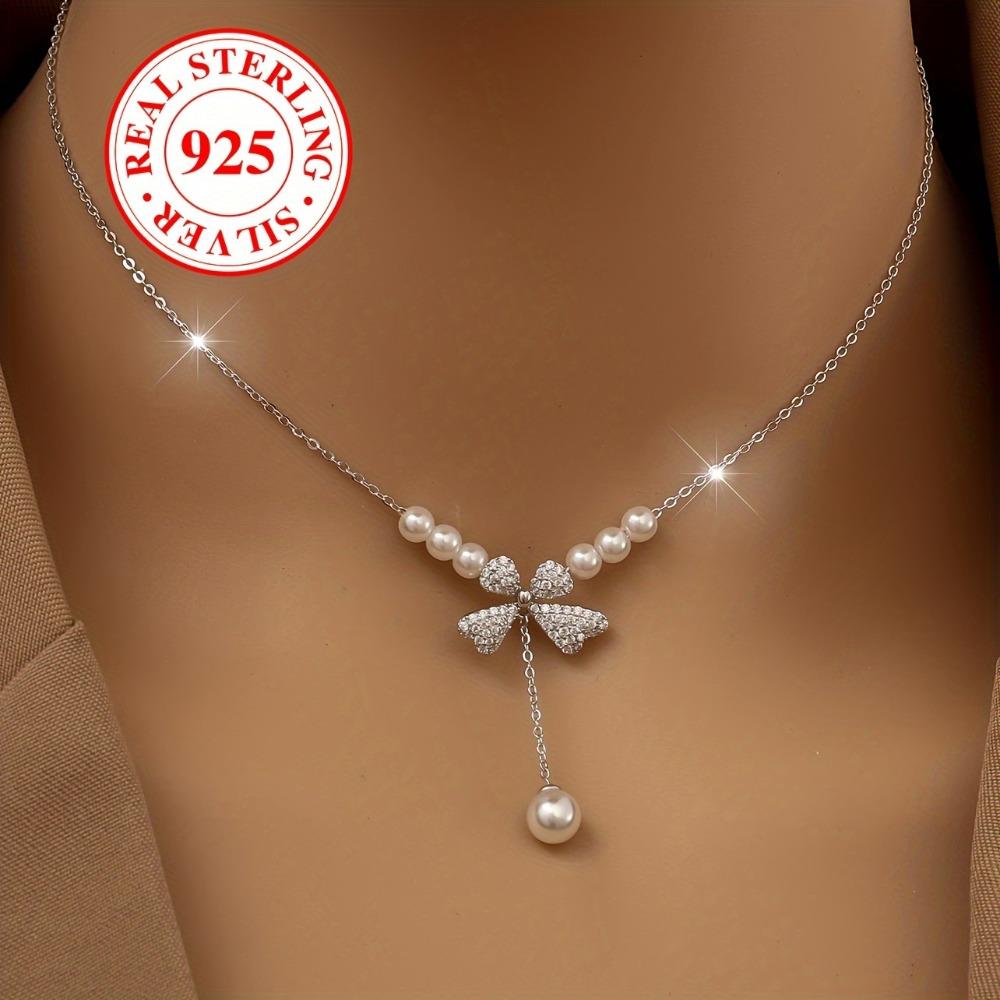 Women's Delicate 925 Sterling Silver Zircon Bow Pearl Necklace Luxury Party Clavicle Chain Birthday Gift