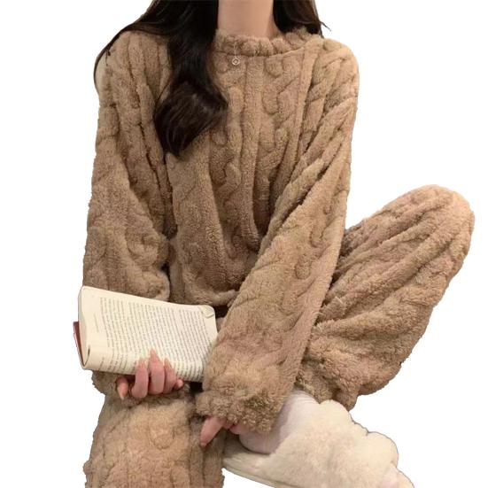 Женский флисовый пижамный комплект Мягкий пушистый пуловер В рубчик Комплект из двух предметов для сна Зимняя пушистая шерпа Пижама Домашний комплект