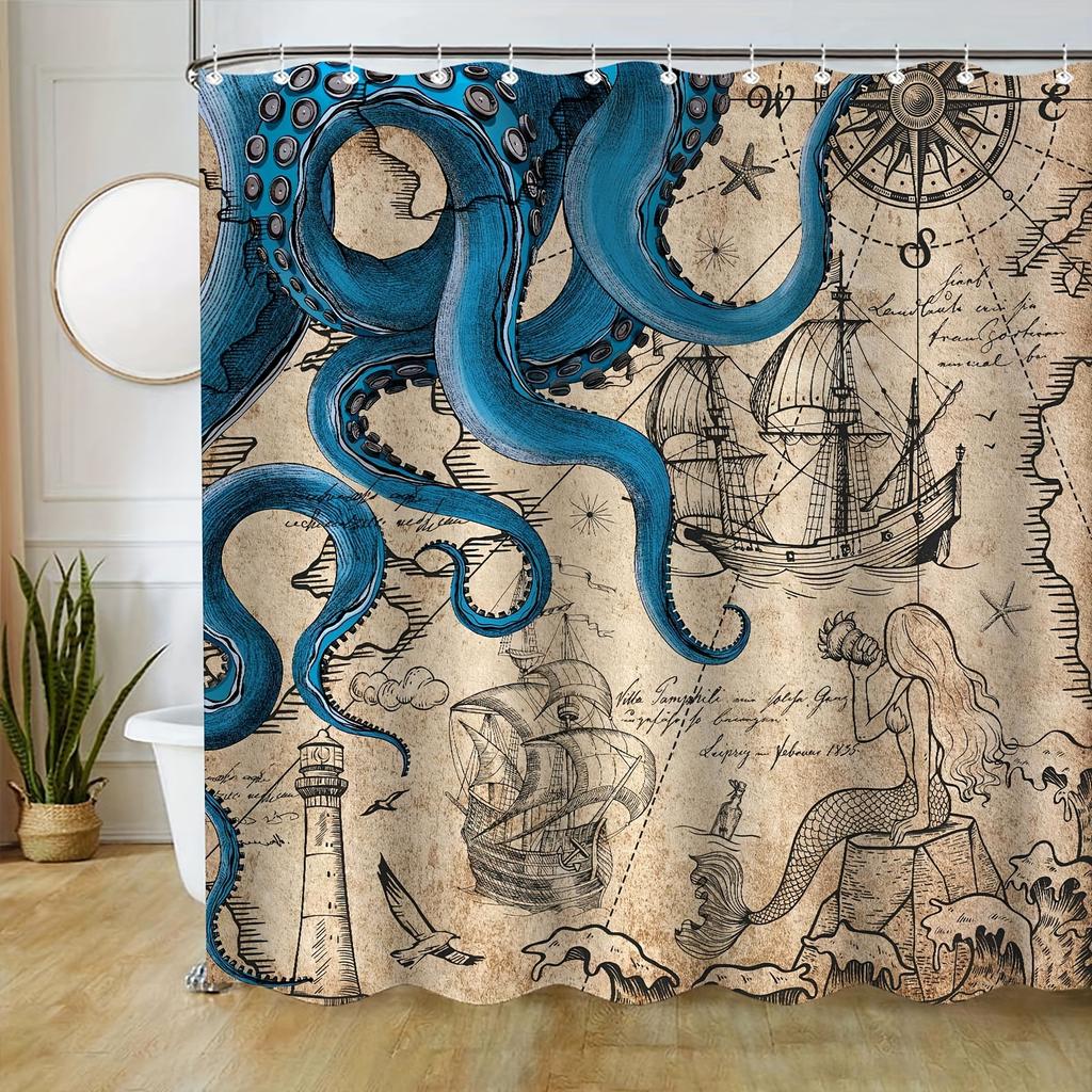 Темно-синяя водонепроницаемая шторка для душа - Винтажный морской осьминог, русалка, кракен, якорь, карта, океанская тема, декор для ванной