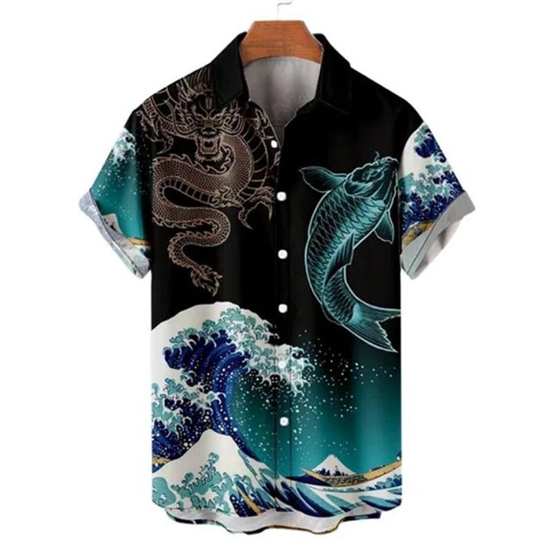 Men's Hawaiian Retro Waves Shirts 3D Printed Short Sleeves Casual Lapel Beach Style Tops Fashion Versatile Style Clothing