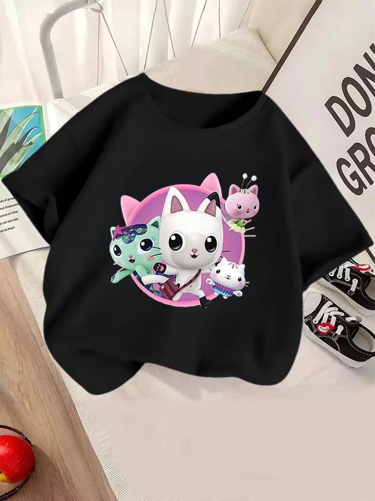 Furry Gabby's Dollhouse Kids Short Sleeve T Shirt Summer Cute Cartoon Crewneck Street 3-14 Years