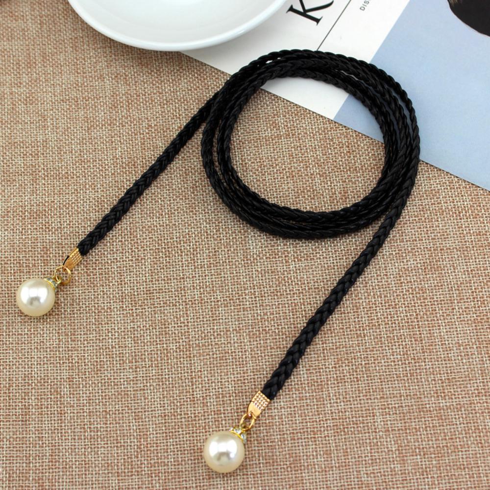 Korean Version Woven Thin Belt Women's Versatile Decorative Waist Rope Women's Sweet Dress Knotted Skirt Pearl Waist