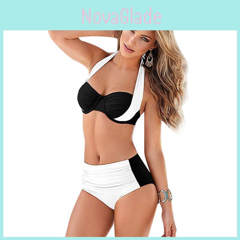 Set Bikini Women Contrast Block Halter Top High Waist Bottom Swimwear Beach