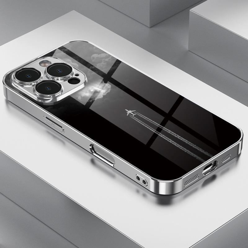 Минималистичный Чехол для Телефона из Стекла с Рисунком Облака и Самолета, Гальванизированный, Для iPhone 17 Pro Max 16 Plus 15 14 13 12 11 16E 17 Air Cover