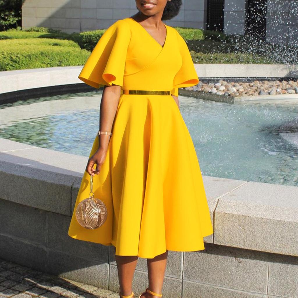 Летнее женское платье больших размеров с расклешенными рукавами и v-образным вырезом, модное темпераментное платье с большой юбкой и подолом