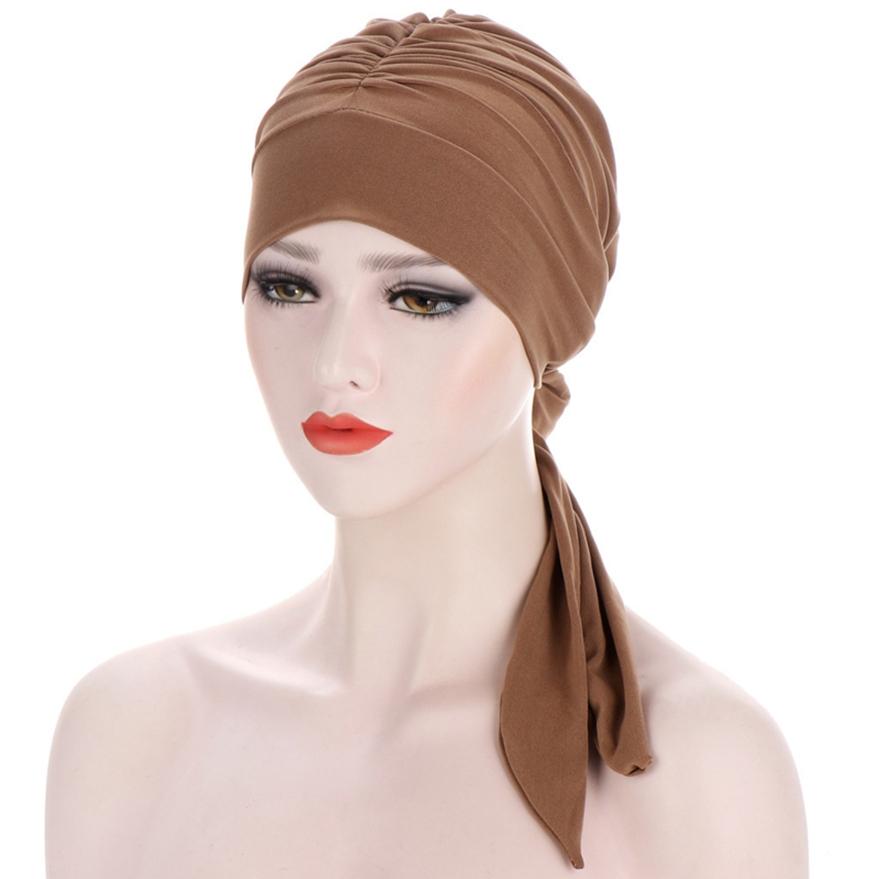 Stretch Fashion Muslim Headwrap Crystal Hemp Long Tail Bow Turban Hat Chemo Cap