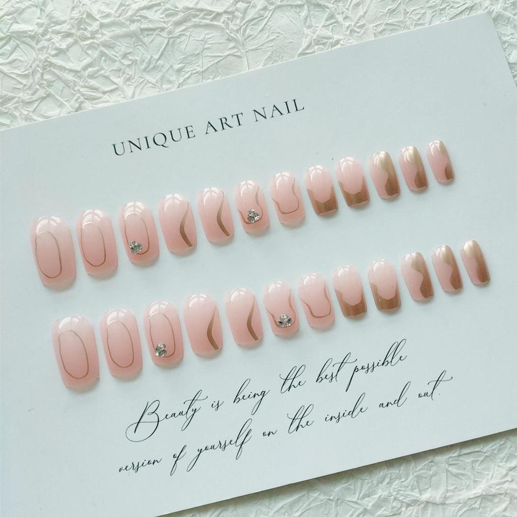 Gold Line Rhinestone Nude Medium-Length Removable Nail Patches