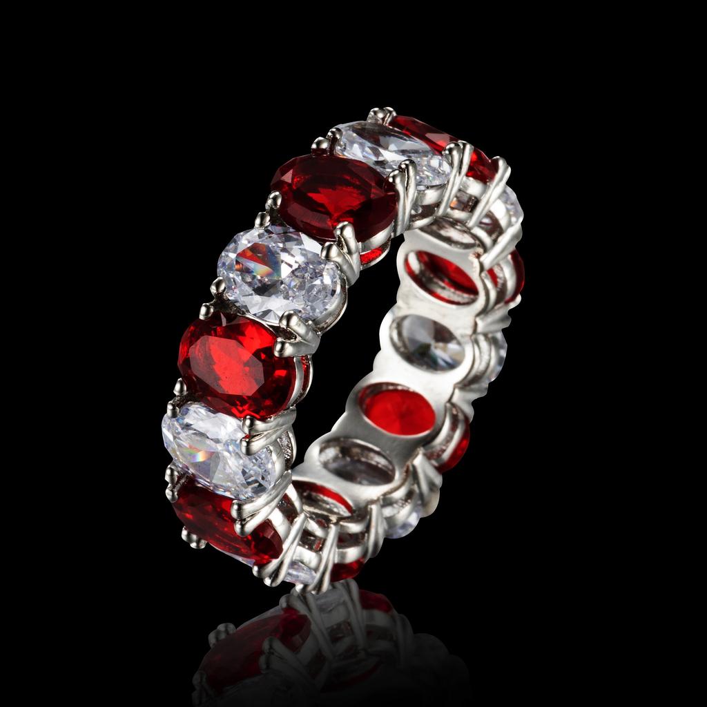 High imitation artificial colored treasure ring, red and blue, pink diamond ring, light luxury wide version egg-shaped ring.