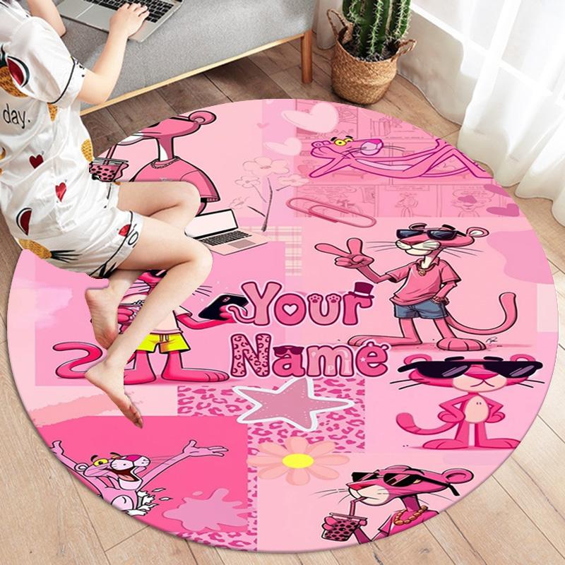 Pink Panther Party Custom Name Round Area Rug Carpet Rug For Living Room Bedroom Sofa Playroom Decor Nonslip Floor Mat