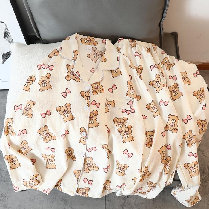 Женский пижамный комплект с рисунком медведя из мультфильма, осенняя пижама для женщин в стиле Харадзюку, повседневная домашняя одежда, одежда для сна