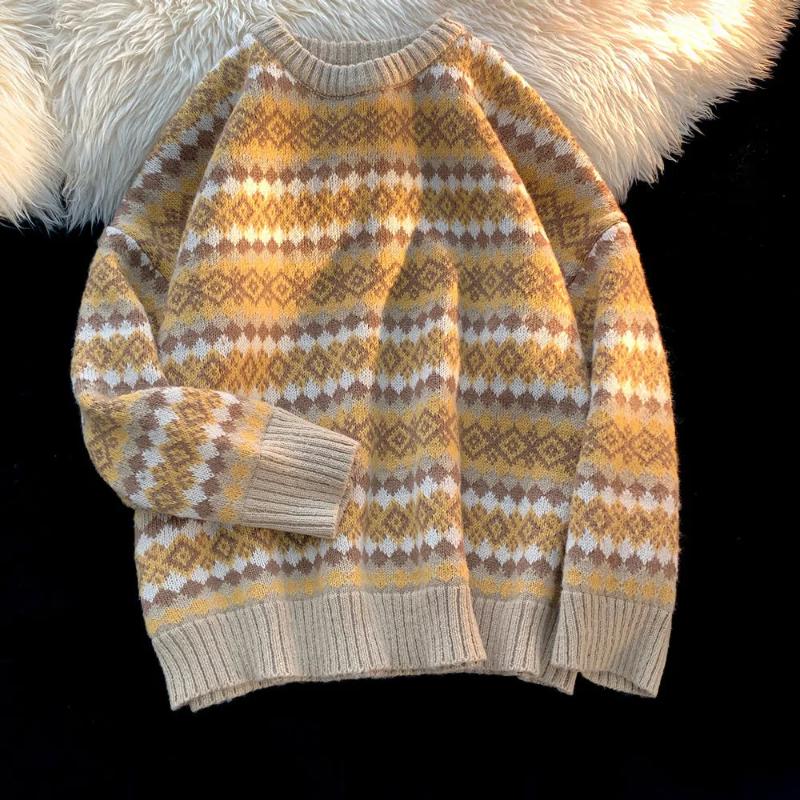 Japanese Diamond Grid Sweater Women's 2024 Spring and Autumn New Splicing O-Neck Fashion Loose Casual Long Sleeved Knitted Top