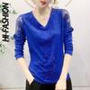 HI-FASHION газовые однотонные топы с v-образным вырезом и бриллиантами, повседневные тонкие пуловеры с длинными рукавами, футболка, женская одежда