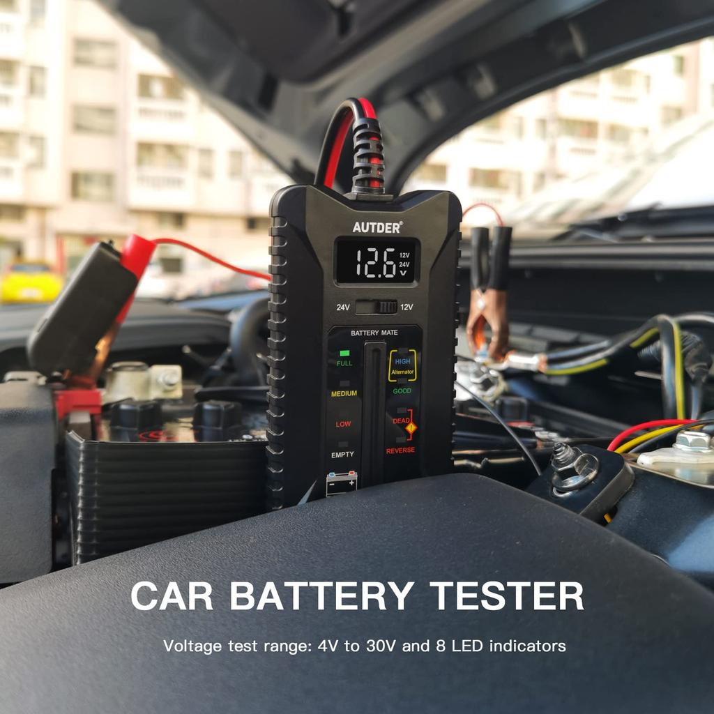 Цифровой тестер аккумуляторов, вольтметр, анализатор системы зарядки генератора переменного тока с ЖК-дисплеем, светодиодным дисплеем, зажимами, кабелем и кабелем прикуривателя