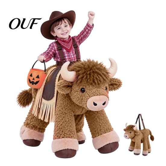 Western Cowboy Role Play Costume Highland Bison Role-Playing for Kids, Plush Cattle Ride-on Halloween Cosplay Apparel Outfit, Parties