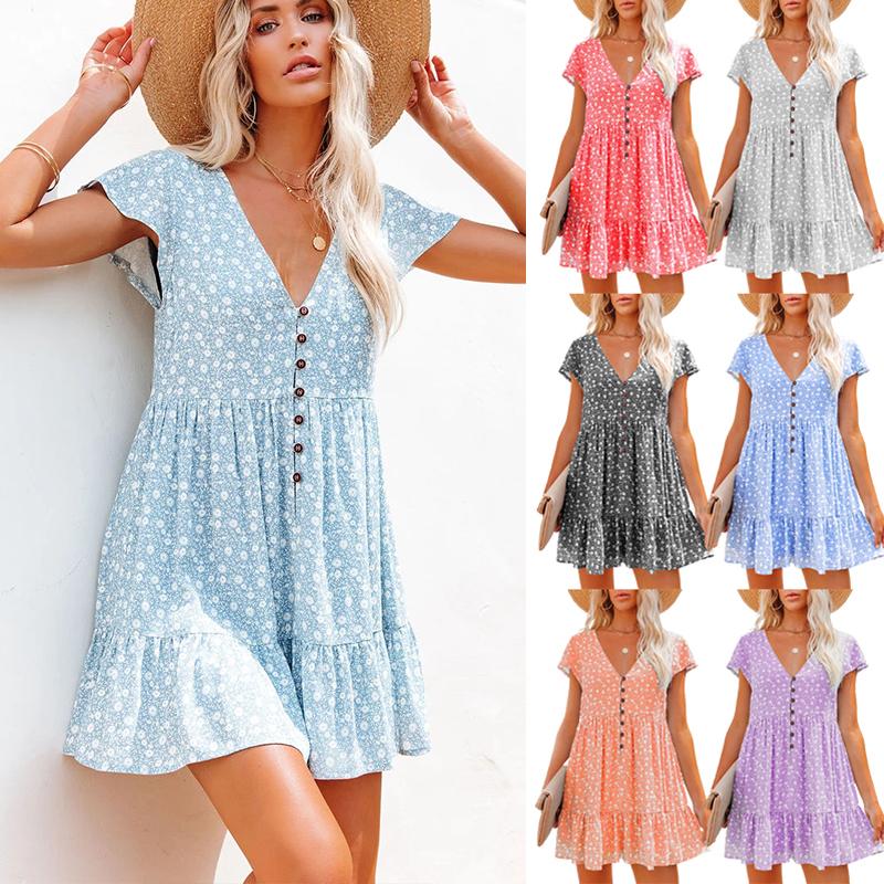 Summer Women'S Chiffon Dress Sexy V-Neck Floral Mini Beach Dresses Fashion Ruffles Button Loose Femme Sundress Vestido