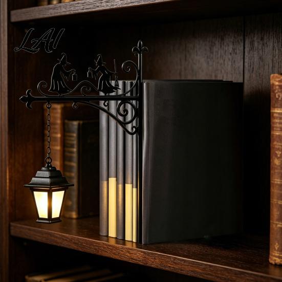 Matte Black Iron Book Holder Decorative Bookshelf Light Vintage Library Lantern Reading Lights for Bookworms LED Table Lamp with Bookends