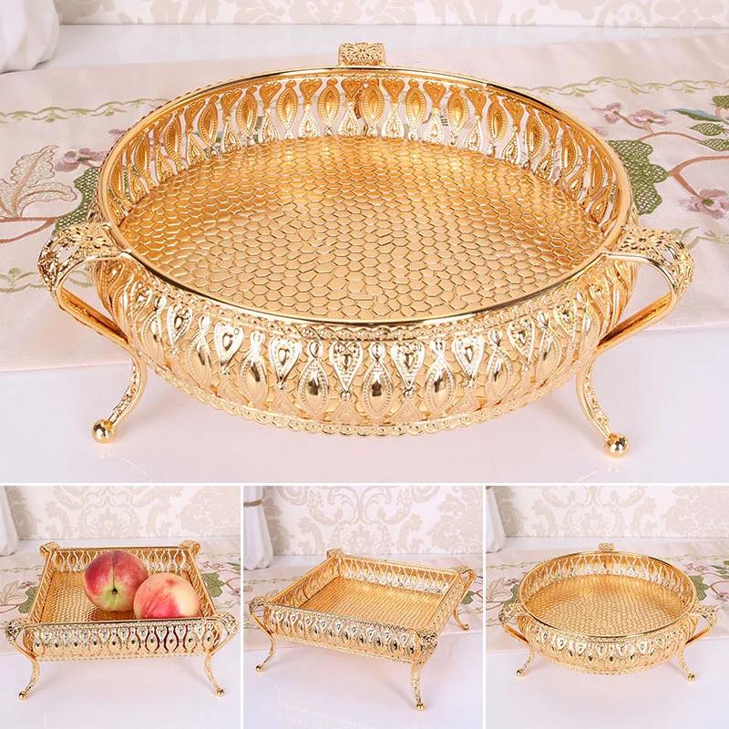 European Retro Metal Fruit Tray Creative Palace Style Golden Circular Square Fruit Tray Home Desktop Decor Snack Storage Trays