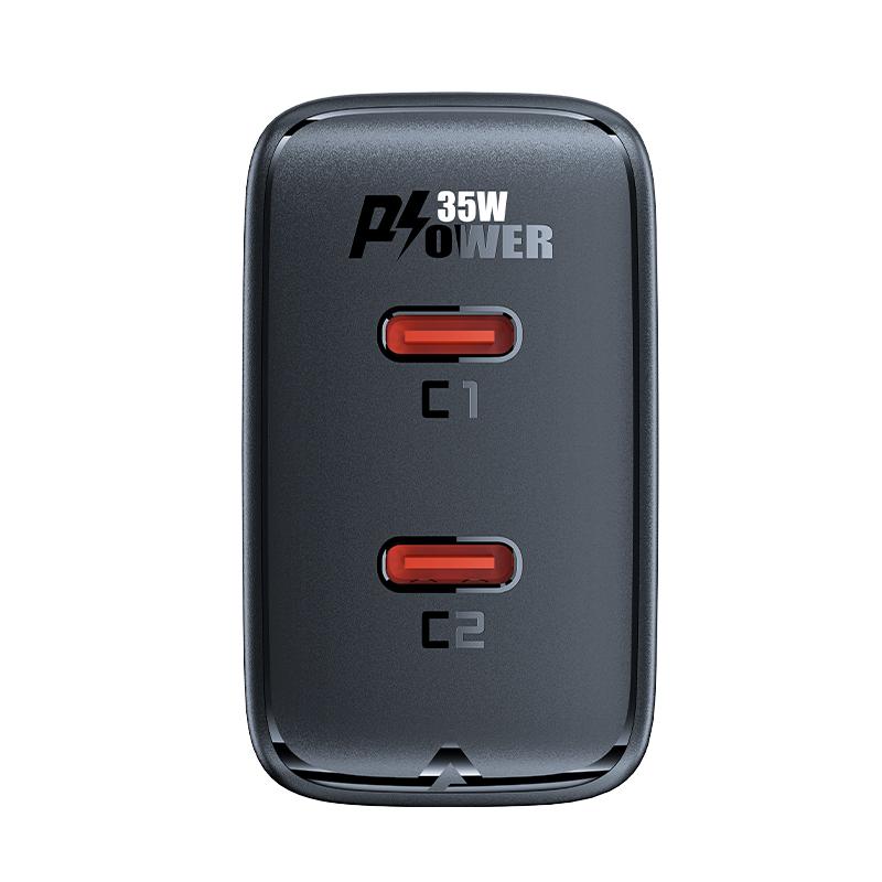 Gan 35W Pd 2X Usb-C Fast Wall Charger For Iphone Samsung Black