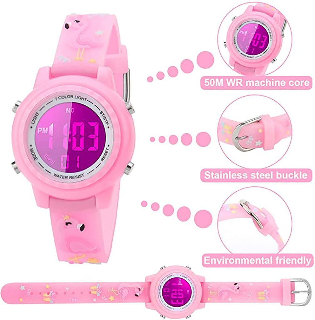 Toddler Boys Girls Kids Digital Children 3D Cute Cartoon 7 Colors Light Waterproof Sports Girls Boys Electronic Watch Years Old Watch, 5-15