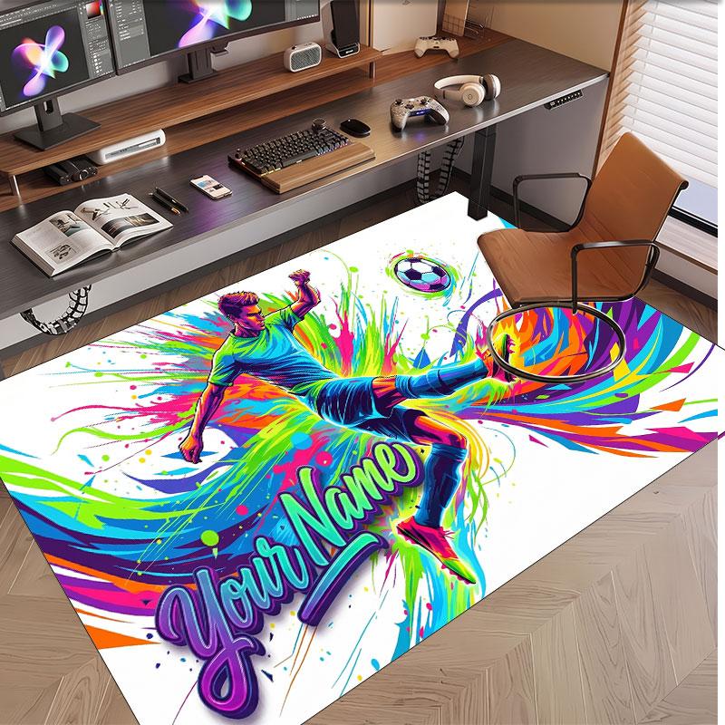 Soccer Theme Soft Crystal Velvet Rug Custom Name & Text Print Non Slip Floor Rug for Bedroom Living Room
