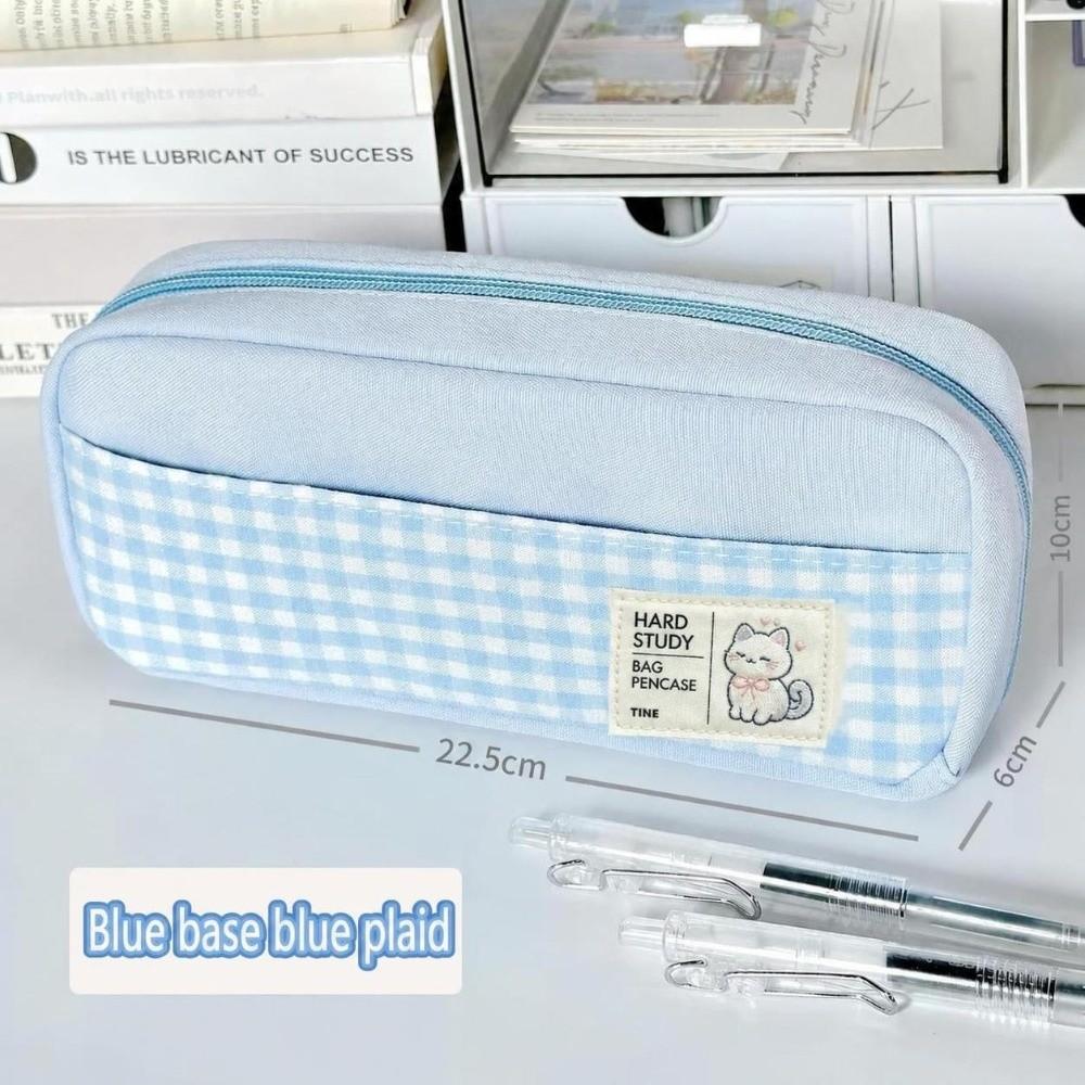 Pastel Color Pen Bag Gingham Check Pencil Pouch Portable Stationery Storage Bag Back To School