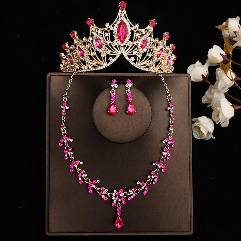 Элегантная розовая хрустальная тиара, корона для женщин, свадебная вечеринка, Корона, ожерелье, серьги, комплекты ювелирных изделий, аксессуары для платья и волос