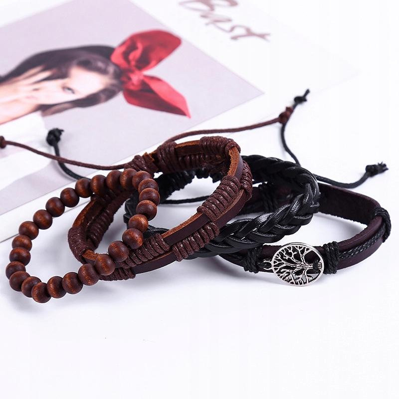 Men's Leather Bracelet, Eco Leather Set, Set Of 4, Tree Of Life, Vintage