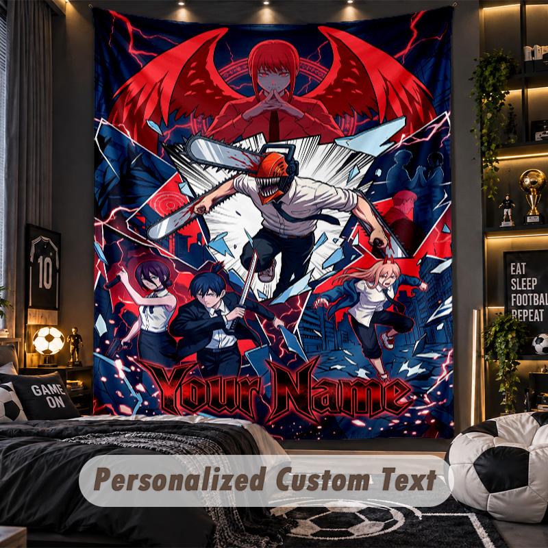 Personalized Wall Tapestry,Chainsaw Man Custom Printed Name, Fabric Wall Art For Indoor Room Backdrop