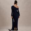 Women's One Shoulder Long Sleeve Maxi Dress Fitted High Waist Ruched Drape Sash Bodycon Evening Gown