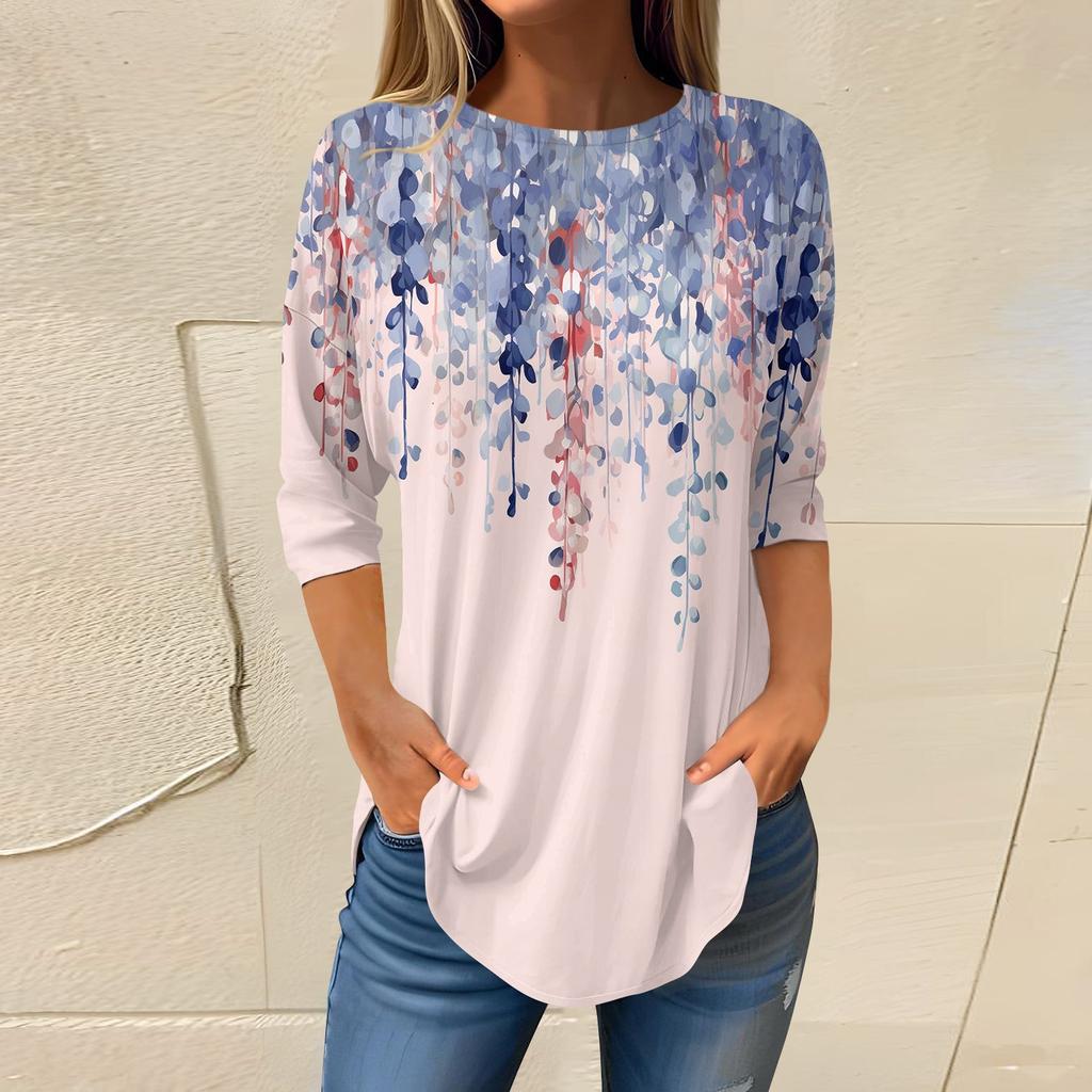 Women's Loose Round Neck Print 3/4 Sleeve T-Shirt Top Pullover