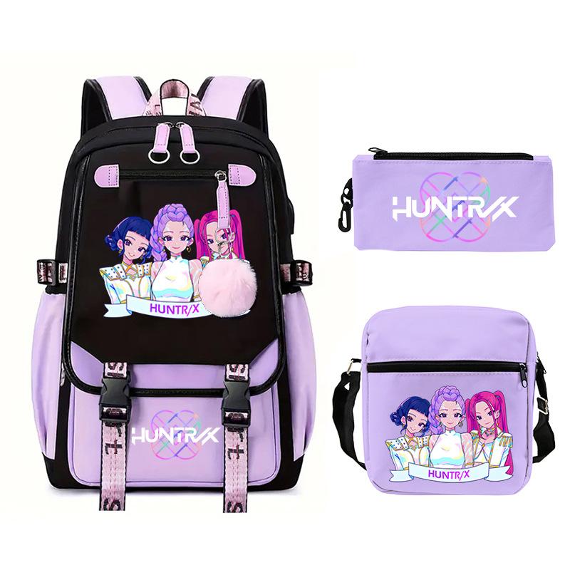 Kpop Trend Backpack Large Capacity Student School Bag Three-Piece Pencil Case Casual Shoulder Bag
