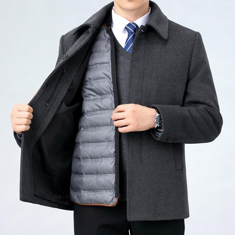 Шерстяное пальто для мужчин среднего и пожилого возраста, зимнее, теплое шерстяное пальто средней длины с лацканами, съемный пуховик, наряд для папы