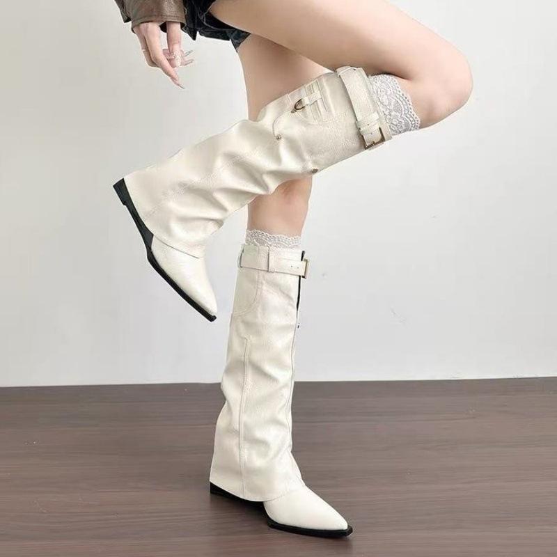 Large size pointed toe heel leopard print trouser boots new retro western cowboy boots slim belt buckle knight boots