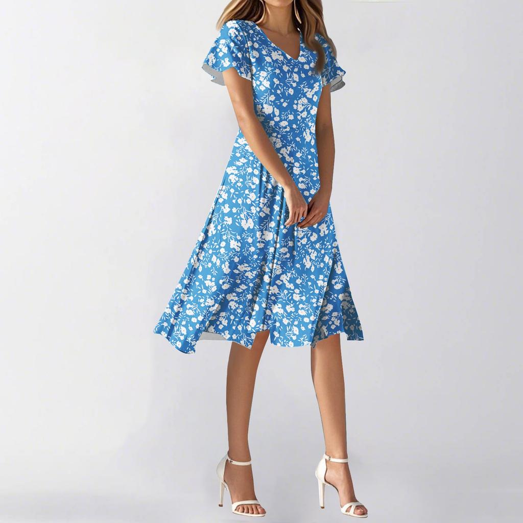 Women's Summer Casual Fashion Flower Print Dress V Neck Short Sleeve Short Skirt