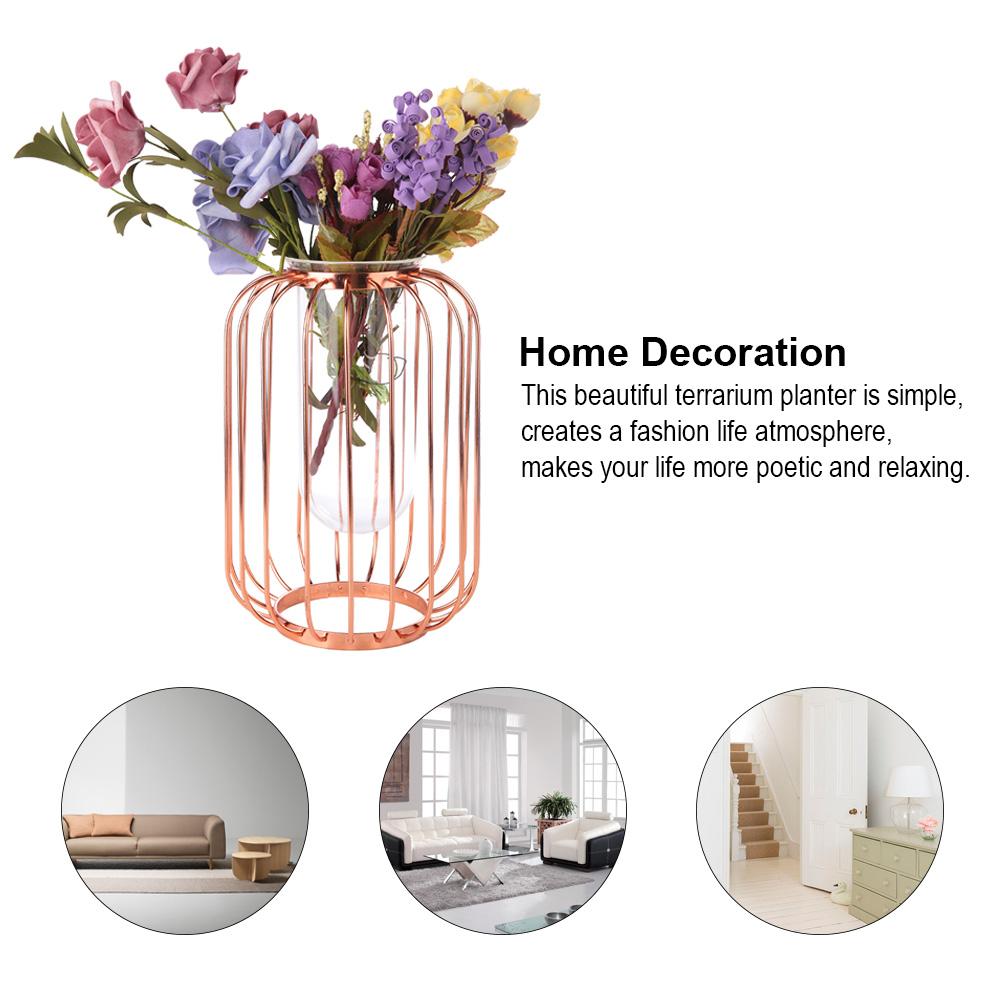 Nordic Lantern Shaped Wrought Iron Vase Glass Iron Tabletop Flower Vase(  Gold)