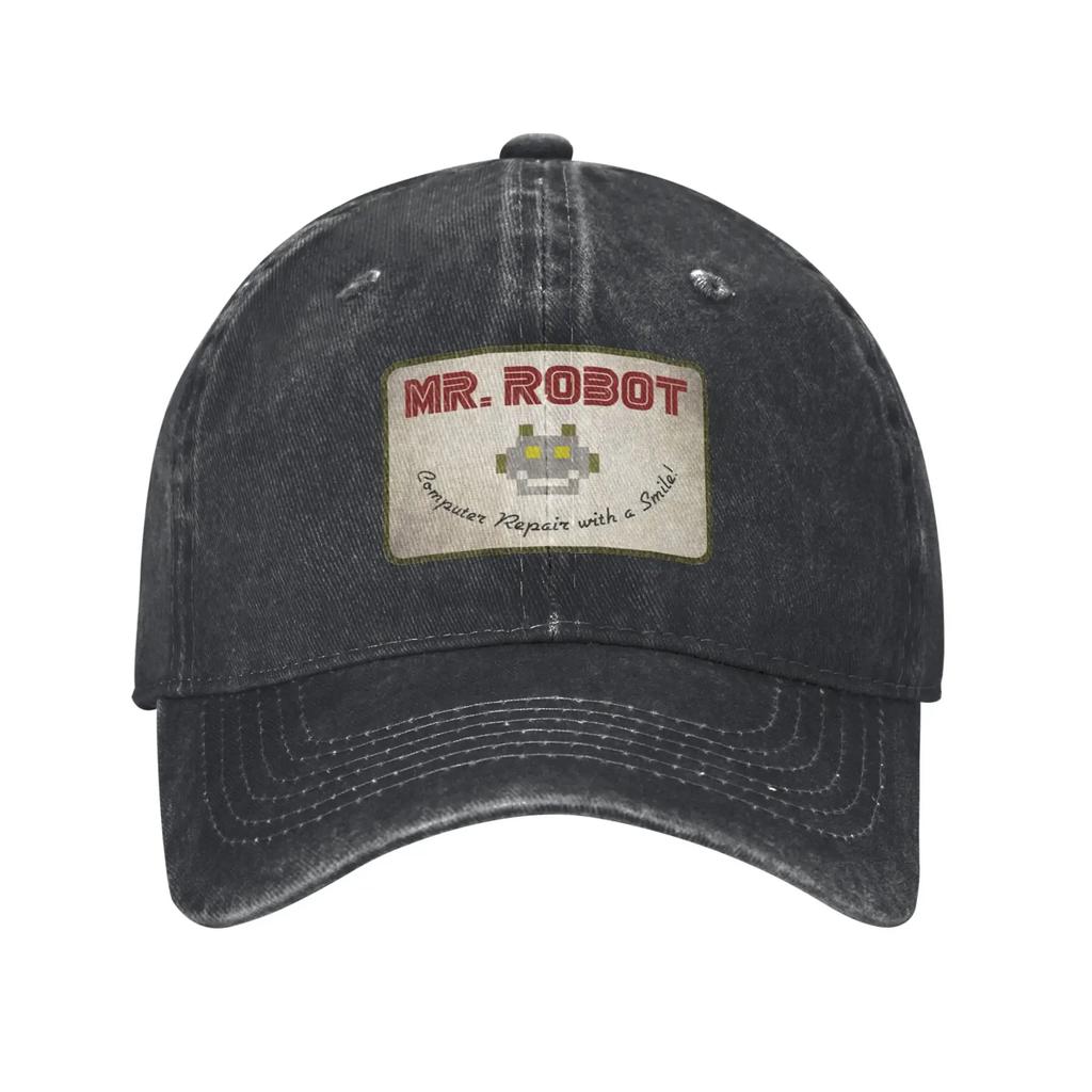Computer With Sourires Anime Funny Mr Robot Custom Retro Cowboy Washed Baseball Caps For Men Denim Sun Hat Hip Hop Peaked Cap