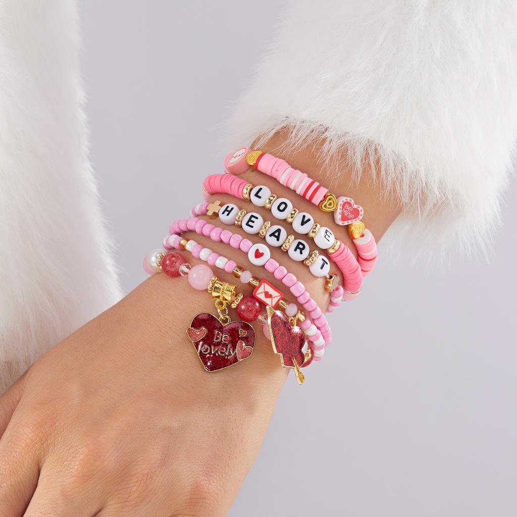 Fashion 6pcs/set Y2K Pink Beads Polymer Clay Bracelets Set for Women Girls LOVE Heart Pendant Gifts for Lovers Jewelry