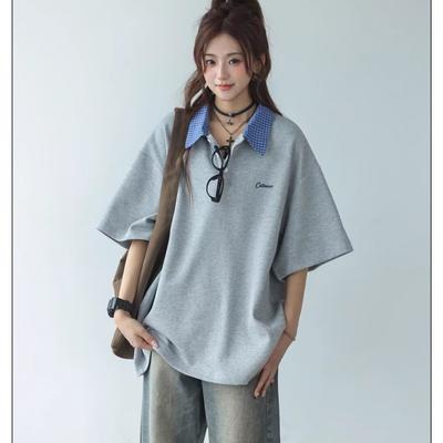 Корейская футболка ПОЛО с коротким рукавом, имитирующая двойку, для девочек, вышитый темно-синий топ в стиле атмосферы, чистая одежда, футболка