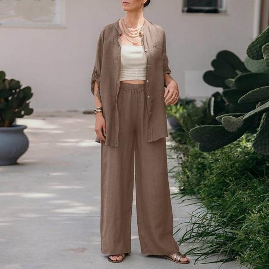 Women's Cotton Linen Two Piece Set Half Sleeve Button Down Shirt Wide Leg Pants Set Casual Tracksuit for Spring Summer Autumn