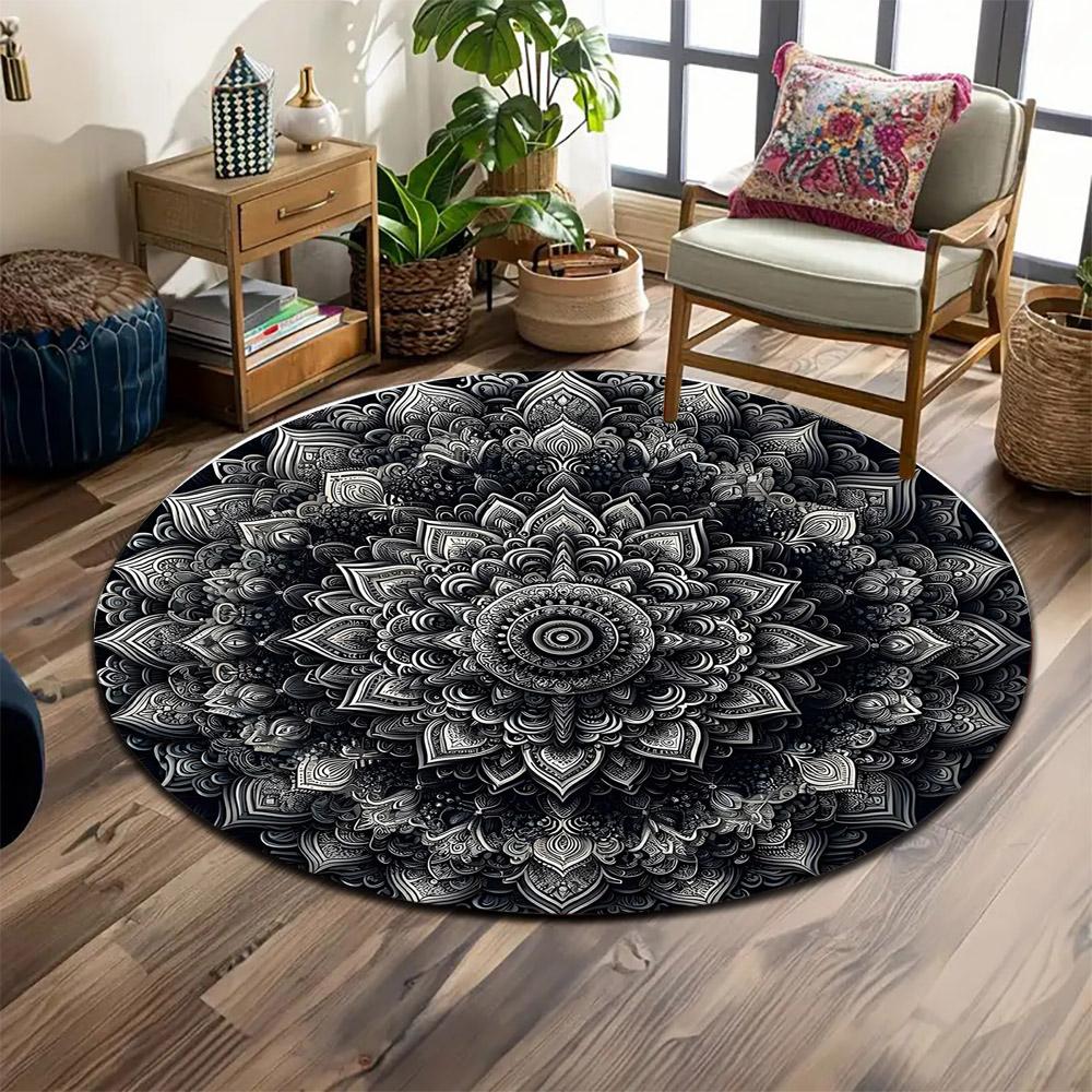 Mandala Pattern in Black and White Print round rug, living room, bedroom, playroom carpet, non slip floor mat, gift