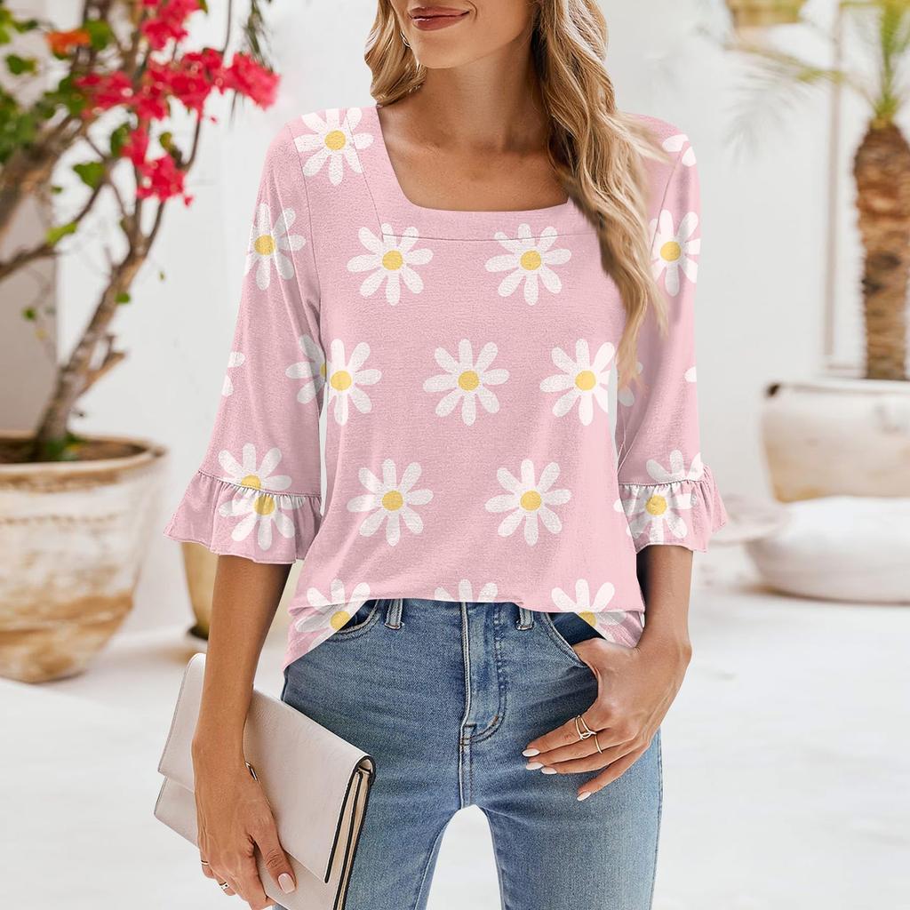 Женские повседневные топы с рукавами 3/4, летние футболки с квадратным вырезом, свободные туники с рюшами, блузки-туники